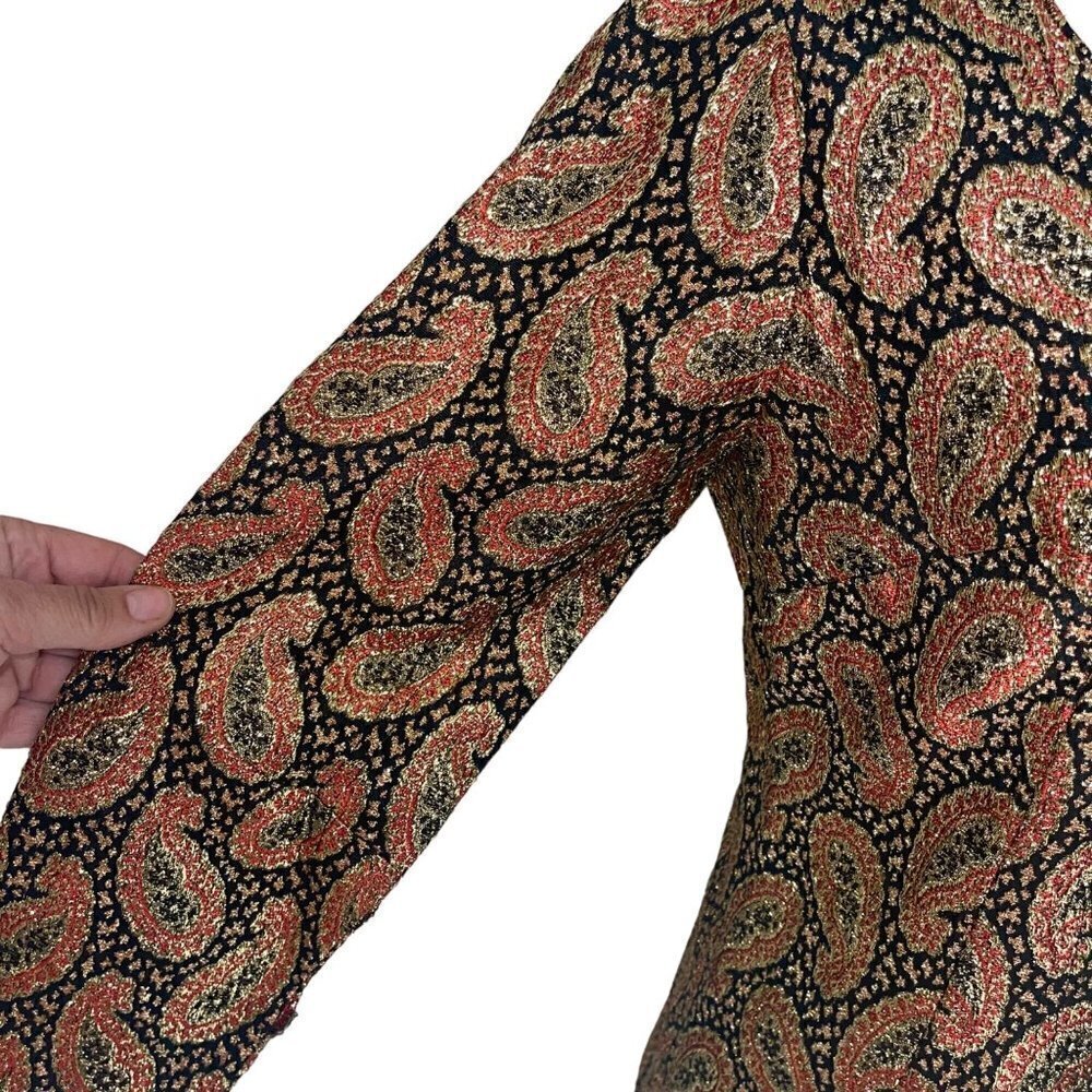 Vintage Handmade Mini Party Dress Size Small Gold Red Black Metallic Paisley - Picture 4 of 12